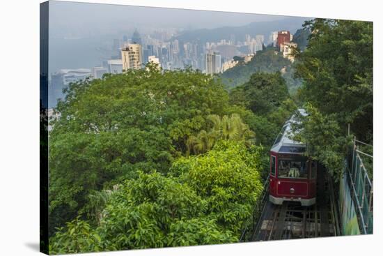 Hong Kong, China. Victoria Peak Tram Going Down Mountain on Smoggy, Hazy, Foggy Day-Bill Bachmann-Stretched Canvas