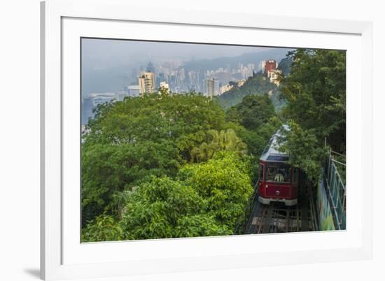 Hong Kong, China. Victoria Peak Tram Going Down Mountain on Smoggy, Hazy, Foggy Day-Bill Bachmann-Framed Photographic Print