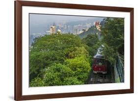 Hong Kong, China. Victoria Peak Tram Going Down Mountain on Smoggy, Hazy, Foggy Day-Bill Bachmann-Framed Photographic Print