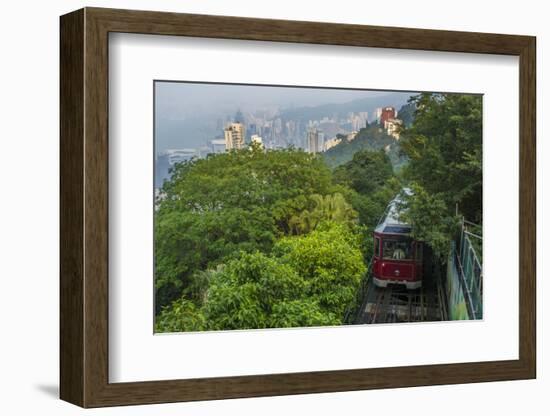 Hong Kong, China. Victoria Peak Tram Going Down Mountain on Smoggy, Hazy, Foggy Day-Bill Bachmann-Framed Photographic Print