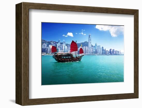 Hong Kong Harbour & Red Junk-null-Framed Art Print