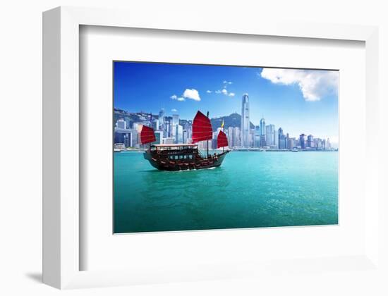 Hong Kong Harbour & Red Junk-null-Framed Art Print