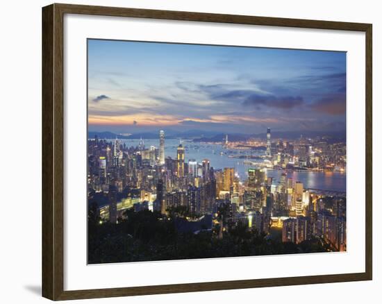 Hong Kong Island and Kowloon Skylines at Sunset, Hong Kong, China-Ian Trower-Framed Photographic Print