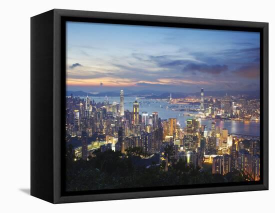 Hong Kong Island and Kowloon Skylines at Sunset, Hong Kong, China-Ian Trower-Framed Stretched Canvas