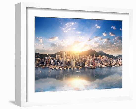 Hong Kong Skyline. Hongkong Hdr Aerial Cityscape with Sunset Sun. Amazing Panorama of Buildings And-Banana Republic images-Framed Photographic Print