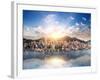 Hong Kong Skyline. Hongkong Hdr Aerial Cityscape with Sunset Sun. Amazing Panorama of Buildings And-Banana Republic images-Framed Photographic Print