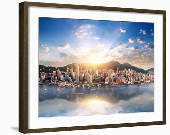 Hong Kong Skyline. Hongkong Hdr Aerial Cityscape with Sunset Sun. Amazing Panorama of Buildings And-Banana Republic images-Framed Photographic Print