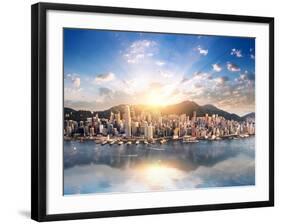 Hong Kong Skyline. Hongkong Hdr Aerial Cityscape with Sunset Sun. Amazing Panorama of Buildings And-Banana Republic images-Framed Photographic Print