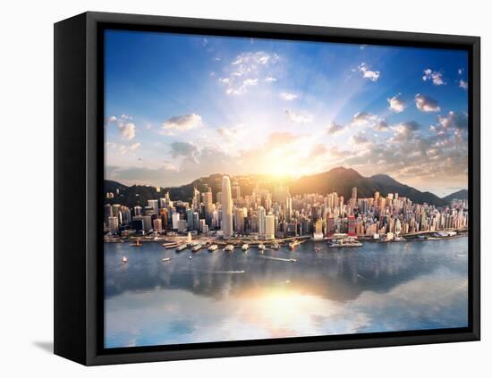 Hong Kong Skyline. Hongkong Hdr Aerial Cityscape with Sunset Sun. Amazing Panorama of Buildings And-Banana Republic images-Framed Stretched Canvas