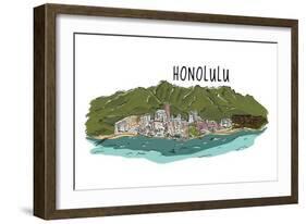 Honolulu, Hawaii - Cityscape - Line Drawing-Lantern Press-Framed Art Print