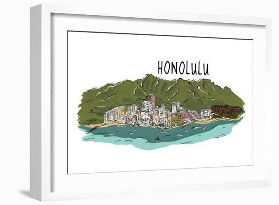 Honolulu, Hawaii - Cityscape - Line Drawing-Lantern Press-Framed Art Print