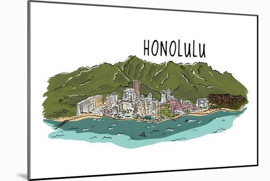 Honolulu, Hawaii - Cityscape - Line Drawing-Lantern Press-Mounted Art Print