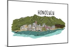 Honolulu, Hawaii - Cityscape - Line Drawing-Lantern Press-Mounted Art Print