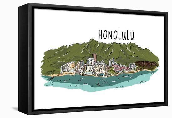 Honolulu, Hawaii - Cityscape - Line Drawing-Lantern Press-Framed Stretched Canvas