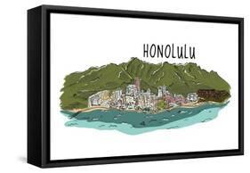 Honolulu, Hawaii - Cityscape - Line Drawing-Lantern Press-Framed Stretched Canvas