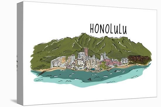 Honolulu, Hawaii - Cityscape - Line Drawing-Lantern Press-Stretched Canvas