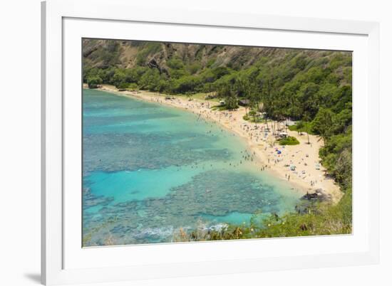 Honolulu, Hawaii, Oahu. Reef at Hanauma Bay coral from above snorkelers beach-Bill Bachmann-Framed Premium Photographic Print