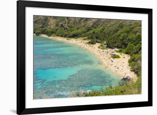 Honolulu, Hawaii, Oahu. Reef at Hanauma Bay coral from above snorkelers beach-Bill Bachmann-Framed Premium Photographic Print