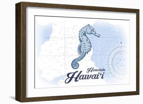 Honolulu, Hawaii - Seahorse - Blue - Coastal Icon-Lantern Press-Framed Art Print