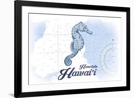 Honolulu, Hawaii - Seahorse - Blue - Coastal Icon-Lantern Press-Framed Premium Giclee Print