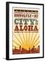 Honolulu, Hawaii - Skyline and Sunburst Screenprint Style-Lantern Press-Framed Art Print