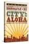 Honolulu, Hawaii - Skyline and Sunburst Screenprint Style-Lantern Press-Stretched Canvas