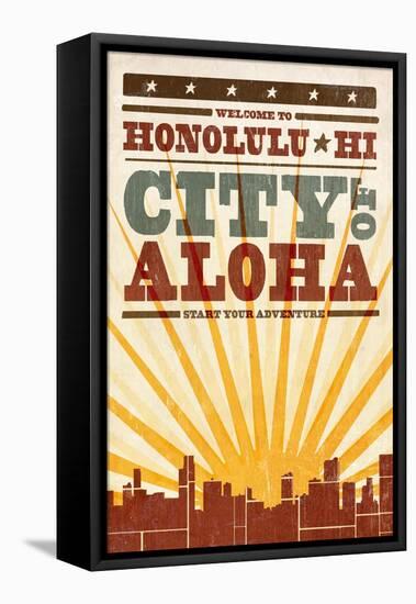 Honolulu, Hawaii - Skyline and Sunburst Screenprint Style-Lantern Press-Framed Stretched Canvas