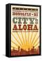 Honolulu, Hawaii - Skyline and Sunburst Screenprint Style-Lantern Press-Framed Stretched Canvas