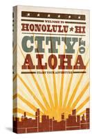 Honolulu, Hawaii - Skyline and Sunburst Screenprint Style-Lantern Press-Stretched Canvas