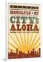 Honolulu, Hawaii - Skyline and Sunburst Screenprint Style-Lantern Press-Framed Art Print