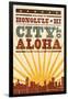 Honolulu, Hawaii - Skyline and Sunburst Screenprint Style-Lantern Press-Framed Art Print