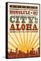 Honolulu, Hawaii - Skyline and Sunburst Screenprint Style-Lantern Press-Framed Stretched Canvas