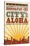 Honolulu, Hawaii - Skyline and Sunburst Screenprint Style-Lantern Press-Stretched Canvas