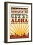 Honolulu, Hawaii - Skyline and Sunburst Screenprint Style-Lantern Press-Framed Art Print