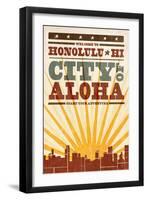 Honolulu, Hawaii - Skyline and Sunburst Screenprint Style-Lantern Press-Framed Art Print