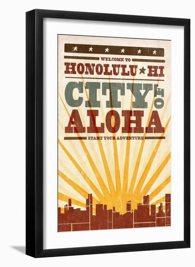 Honolulu, Hawaii - Skyline and Sunburst Screenprint Style-Lantern Press-Framed Art Print