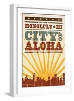 Honolulu, Hawaii - Skyline and Sunburst Screenprint Style-Lantern Press-Framed Art Print