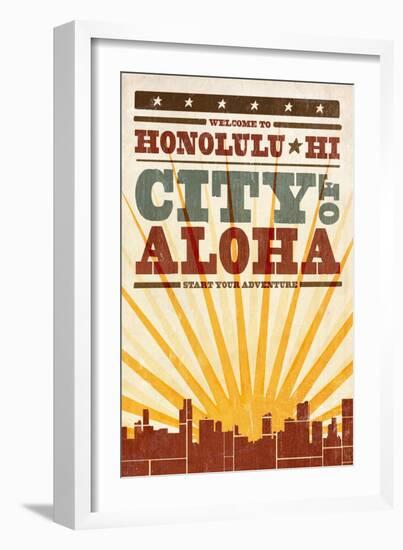 Honolulu, Hawaii - Skyline and Sunburst Screenprint Style-Lantern Press-Framed Art Print