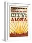 Honolulu, Hawaii - Skyline and Sunburst Screenprint Style-Lantern Press-Framed Art Print