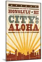 Honolulu, Hawaii - Skyline and Sunburst Screenprint Style-Lantern Press-Mounted Art Print