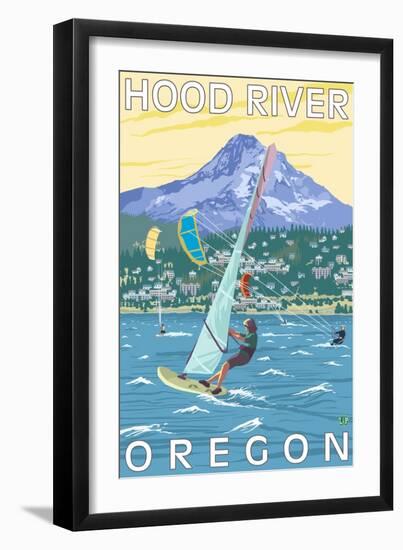 Hood River, OR - Wind Surfers & Kite Boarders-Lantern Press-Framed Art Print