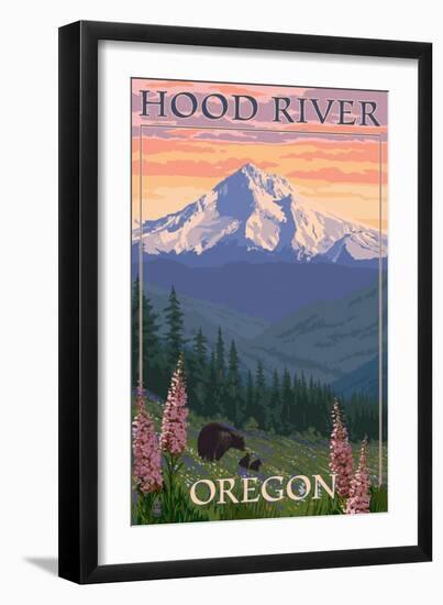 Hood River, Oregon - Bear and Spring Flowers-Lantern Press-Framed Art Print