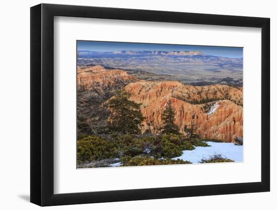 Hoodoos, Vegetation and Snow with a Distant View on a Winter's Late Afternoon, Bryce Point-Eleanor Scriven-Framed Photographic Print