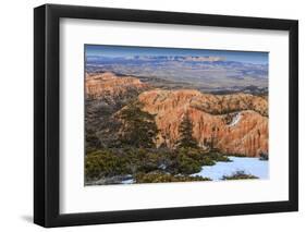 Hoodoos, Vegetation and Snow with a Distant View on a Winter's Late Afternoon, Bryce Point-Eleanor Scriven-Framed Photographic Print