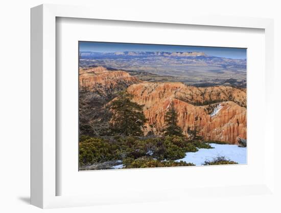 Hoodoos, Vegetation and Snow with a Distant View on a Winter's Late Afternoon, Bryce Point-Eleanor Scriven-Framed Photographic Print