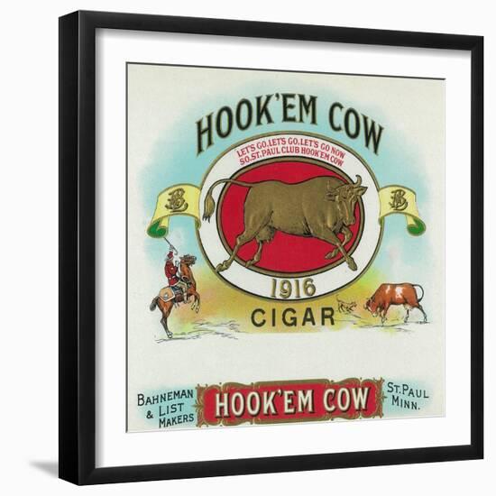 Hook'em Cow Brand Cigar Box Label-Lantern Press-Framed Art Print