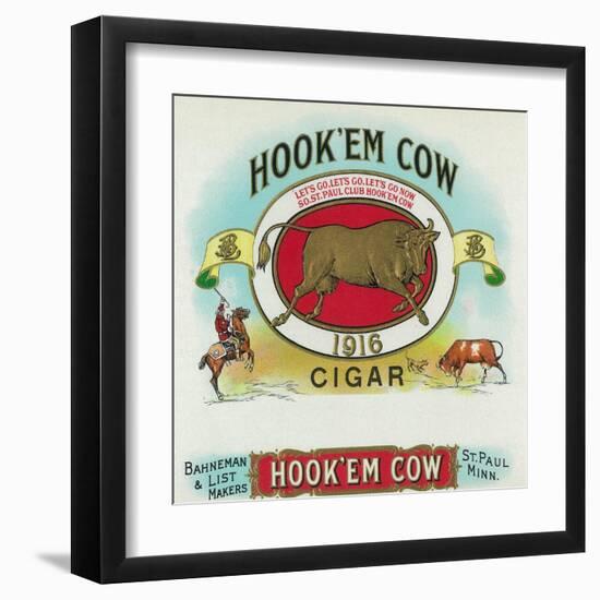 Hook'em Cow Brand Cigar Box Label-Lantern Press-Framed Art Print