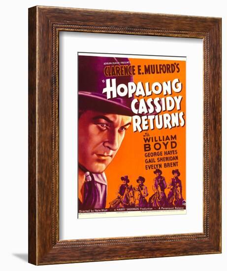 HOPALONG CASSIDY RETURNS, left: William Boyd on window card, 1936-null-Framed Art Print