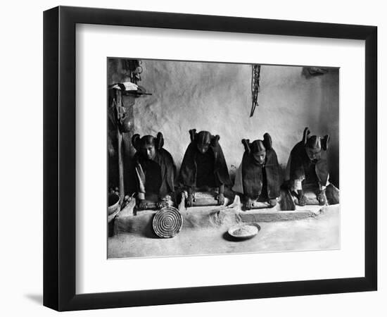 Hopi Grinding Grain, C1906-Edward S^ Curtis-Framed Photographic Print