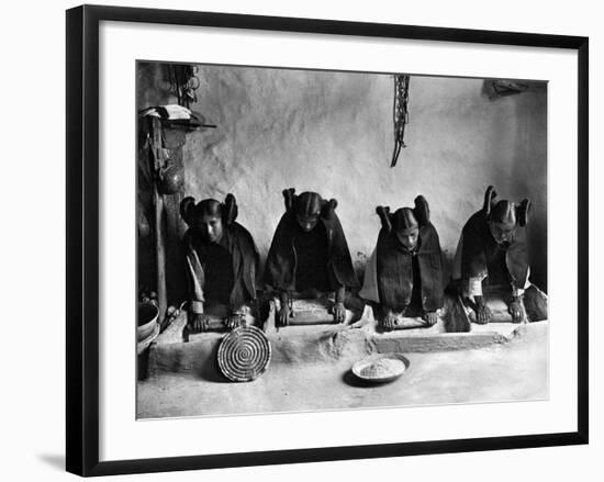 Hopi Grinding Grain, C1906-Edward S^ Curtis-Framed Photographic Print